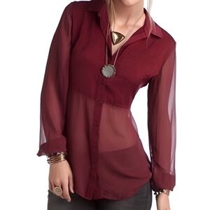 Free People Half Sheer Button Down Long Sleeve